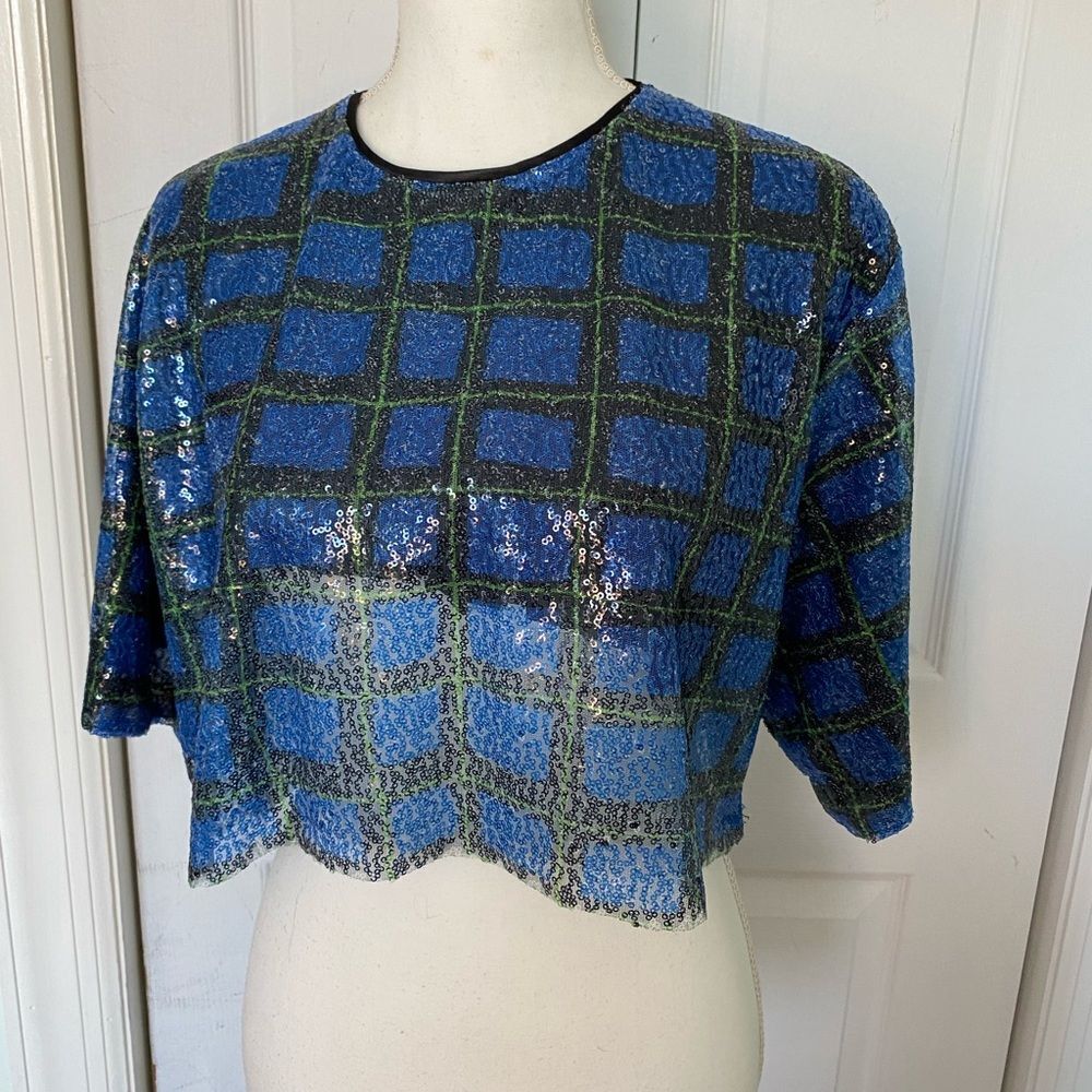 Blue Windowpane Sequin Crop Top